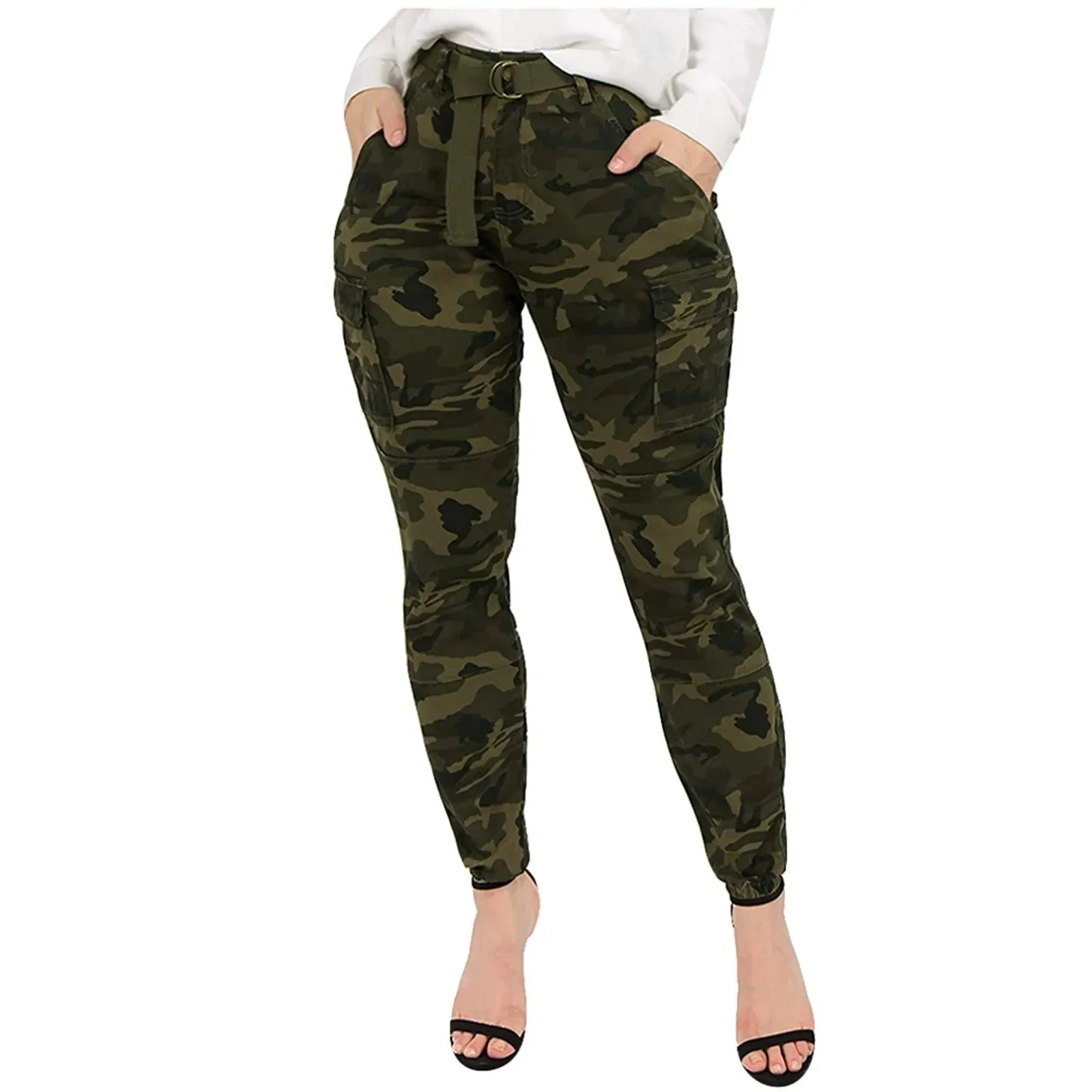 "Chic Camo Cargo Pants Set with Belt - Trendy Women's Slim Fit Joggers for Winter/Autumn"