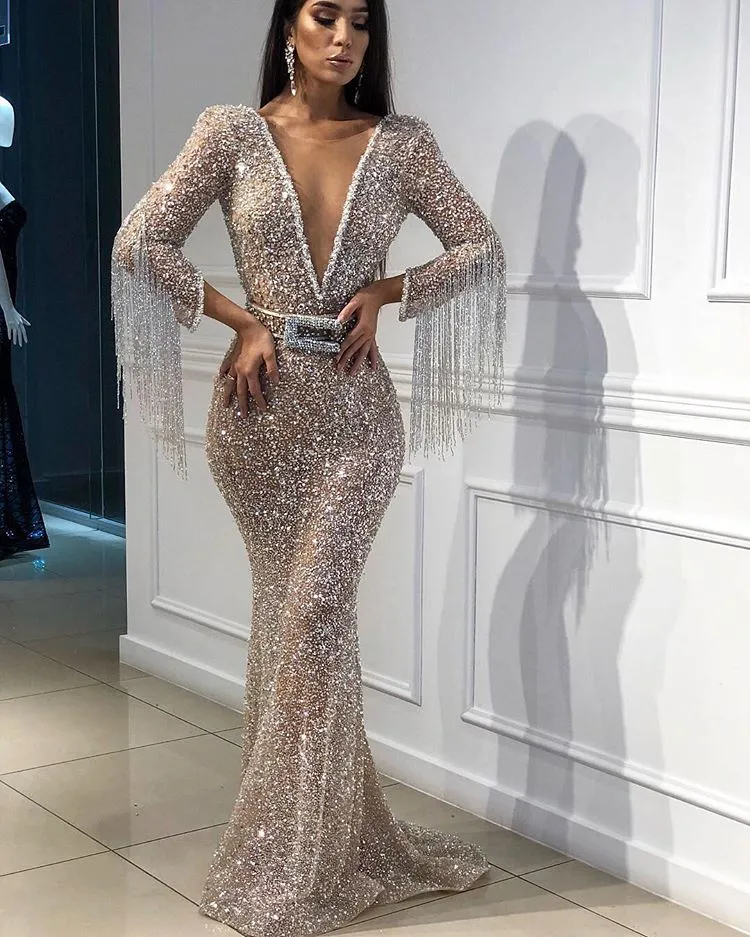 Sexy Deep V-Neck Floor-Length Sequins Evening Gown | Mermaid Crystals Tassels Prom Dress With Bow BC0627