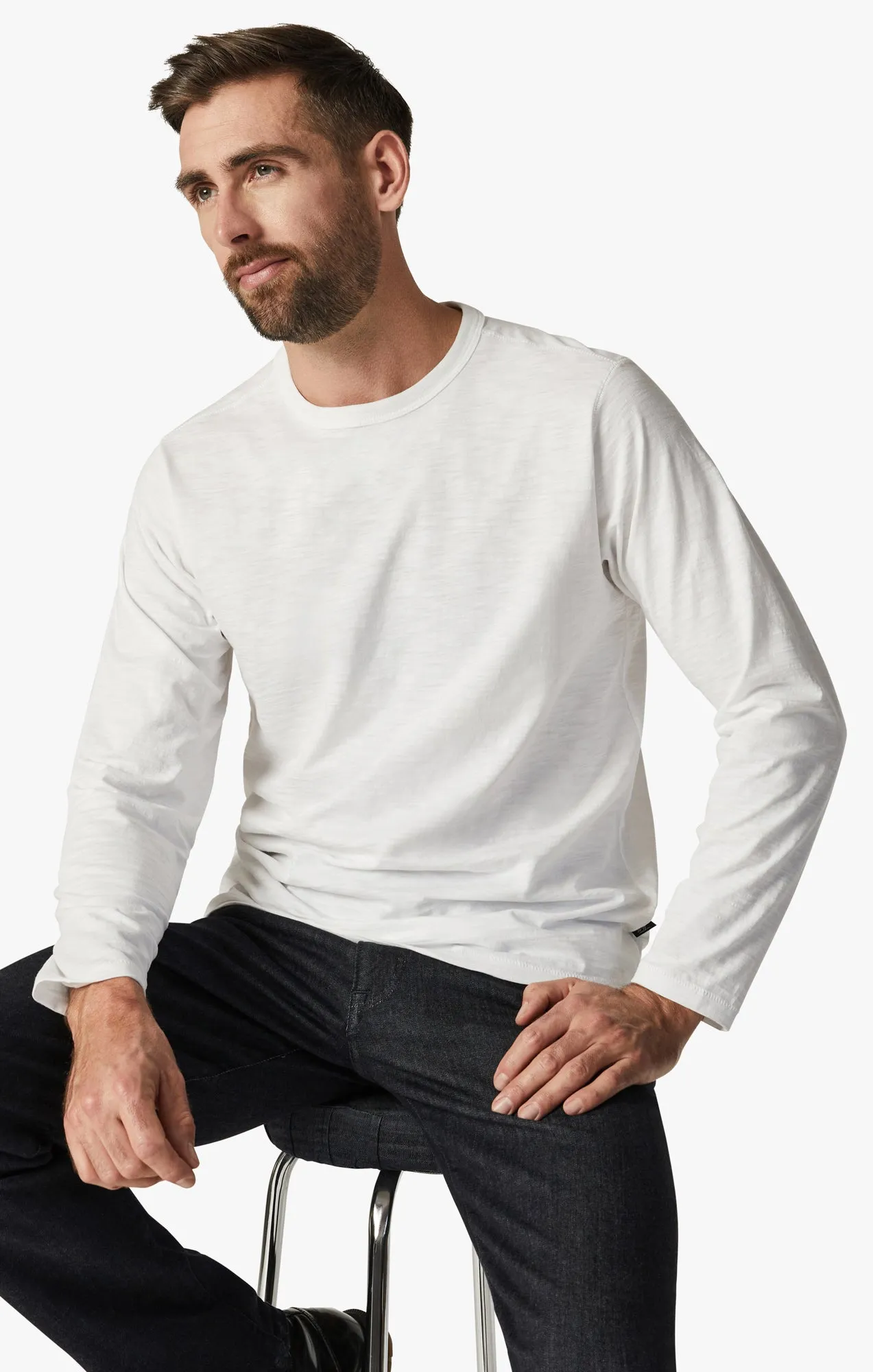 Slub Crew Neck Long Sleeve Shirt in White