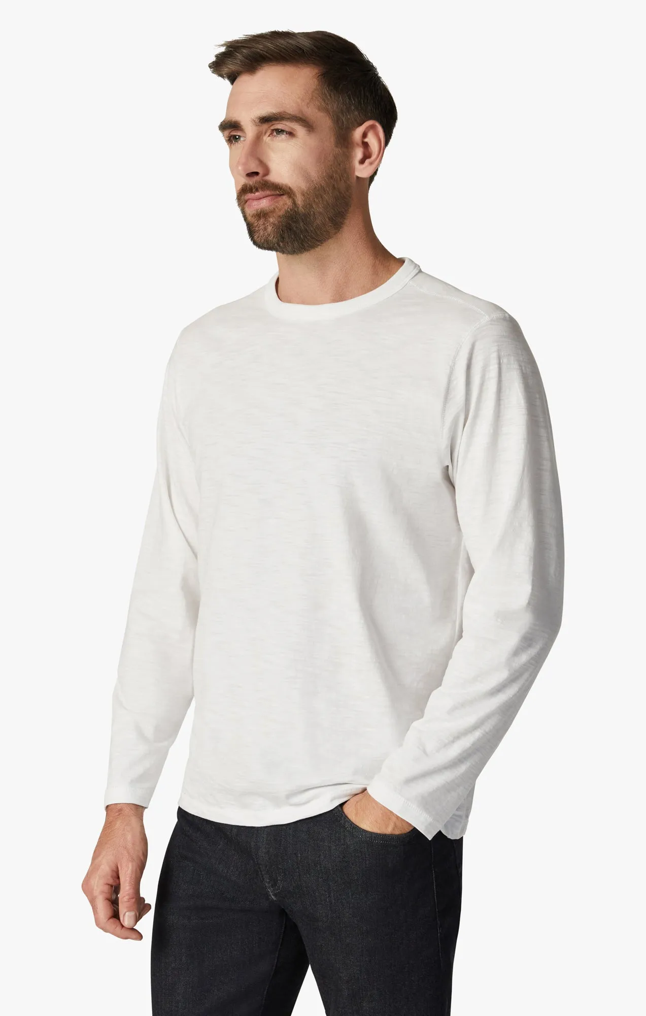 Slub Crew Neck Long Sleeve Shirt in White