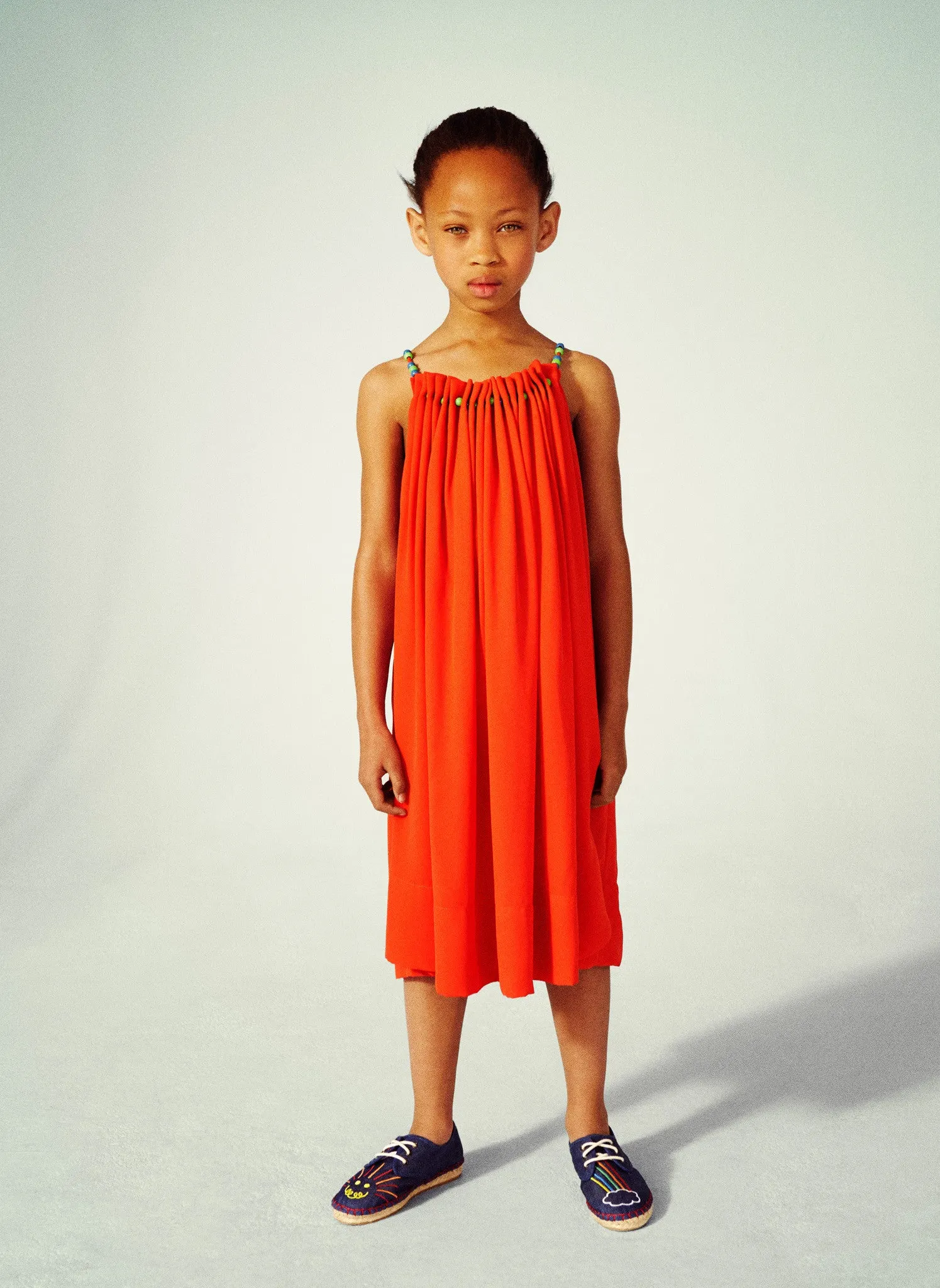 Stella McCartney Kids Hope Girls Flowy Crepe Dress w/ Beads at neck in Red/Orange