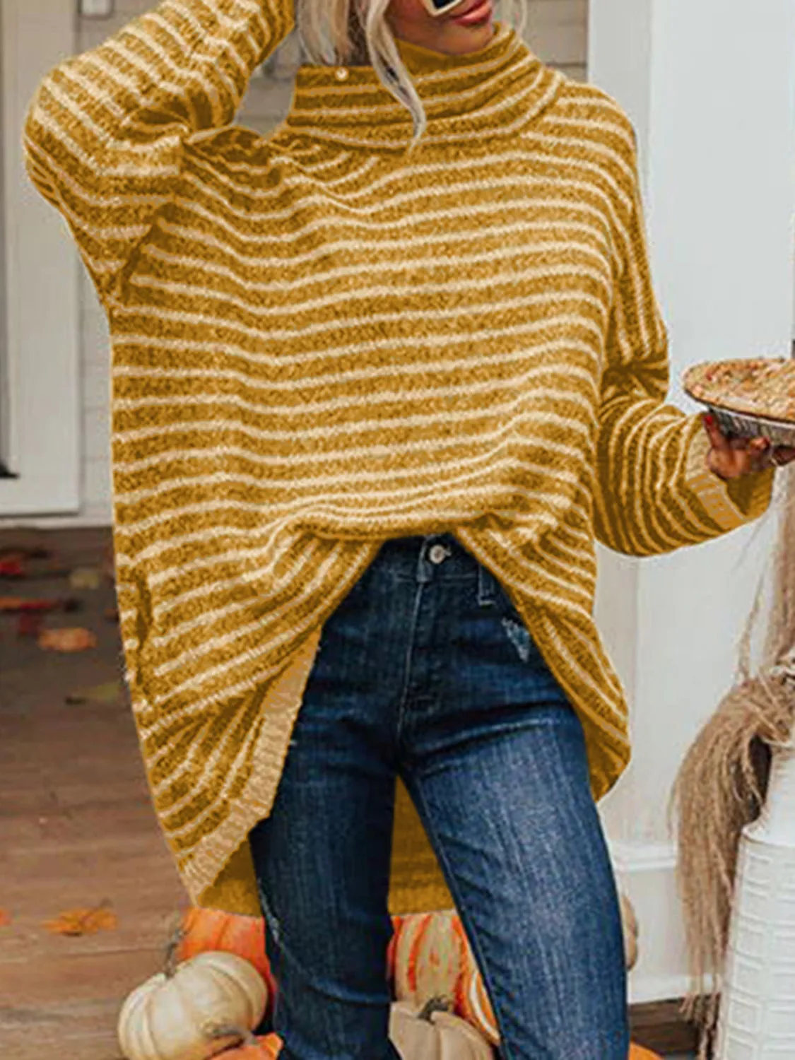 Striped Turtleneck Sweater with Pockets