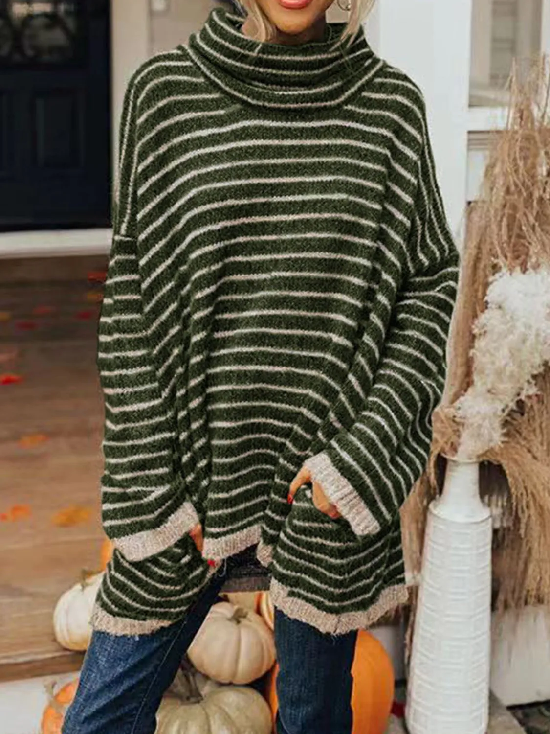 Striped Turtleneck Sweater with Pockets