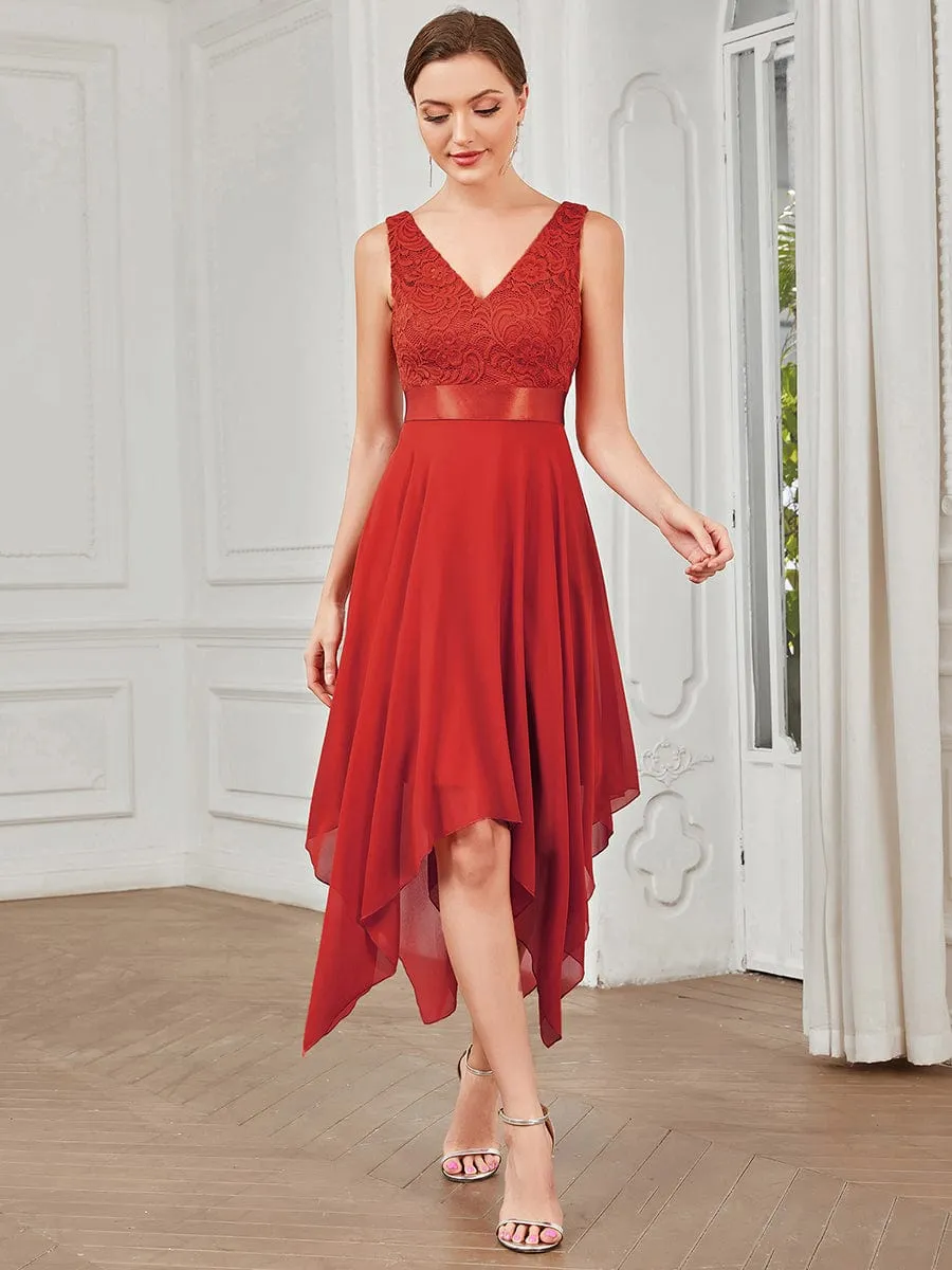 Stunning V Neck Lace Dress with Asymmetrical Hems