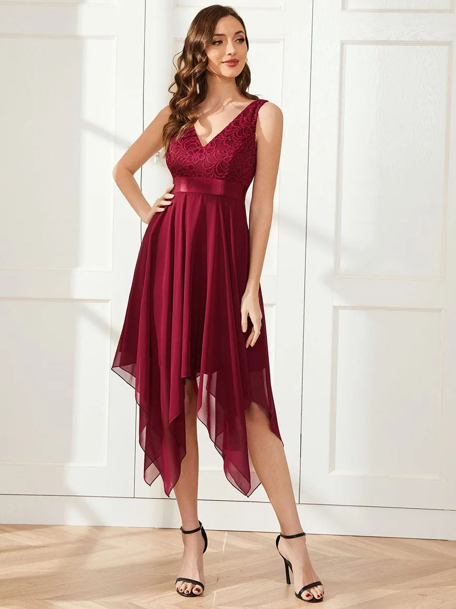 Stunning V Neck Lace Dress with Asymmetrical Hems