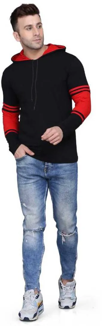 Stylish Black Cotton Self Pattern Hooded Tees For Men