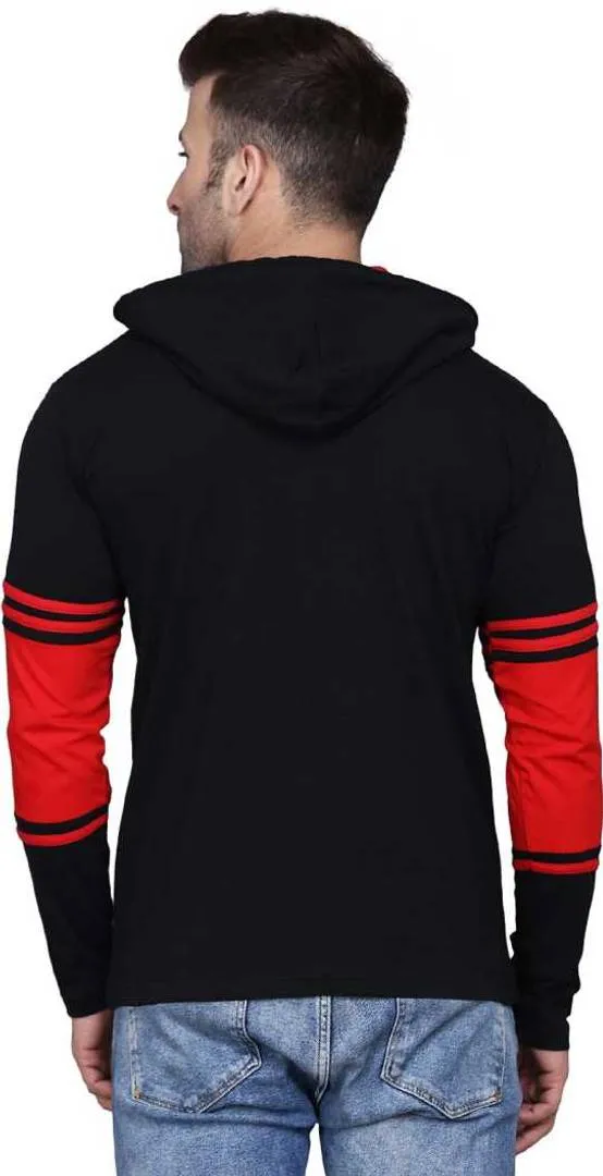 Stylish Black Cotton Self Pattern Hooded Tees For Men