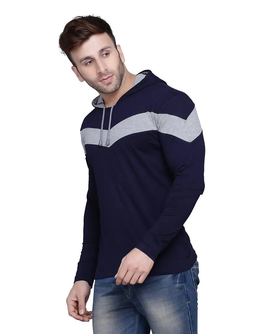 Stylish Cotton Blend Navy Blue Colourblocked Hooded T-shirt