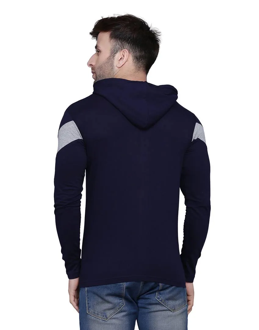 Stylish Cotton Blend Navy Blue Colourblocked Hooded T-shirt