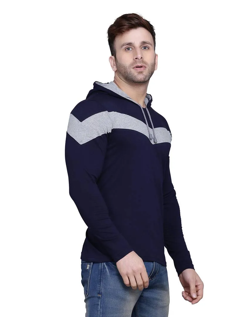 Stylish Cotton Blend Navy Blue Colourblocked Hooded T-shirt