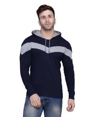 Stylish Cotton Blend Navy Blue Colourblocked Hooded T-shirt