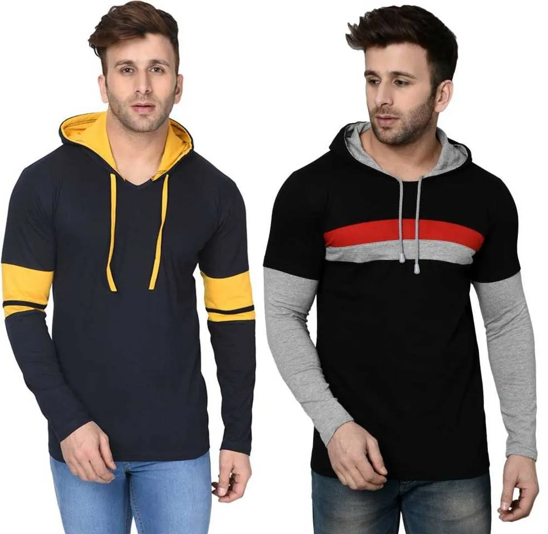 Stylish Cotton Colourblocked Hooded T-Shirt For Men (Pack Of 2)