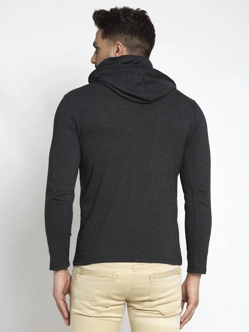 Stylish Grey Melange Cotton Solid Hooded Tees With Face Mask For Men