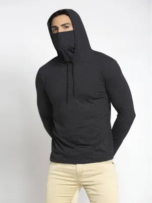 Stylish Grey Melange Cotton Solid Hooded Tees With Face Mask For Men