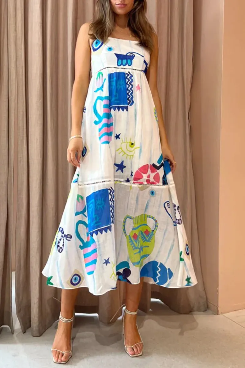 Sweet Elegant Print Patchwork Sling Dress Dresses