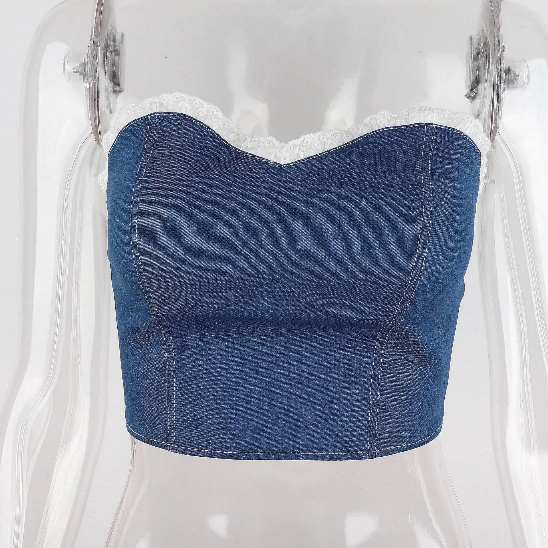 TAVIMART  -  Patchwork Denim Ruffled Y2K Crop Top Women Pleated Strapless Off Shoulder Short Tank Tops Sexy Casual Cami Chic Tops