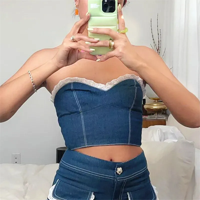 TAVIMART  -  Patchwork Denim Ruffled Y2K Crop Top Women Pleated Strapless Off Shoulder Short Tank Tops Sexy Casual Cami Chic Tops