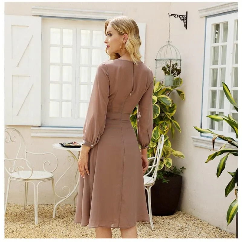 Women Elegant Brown Chiffon Dress