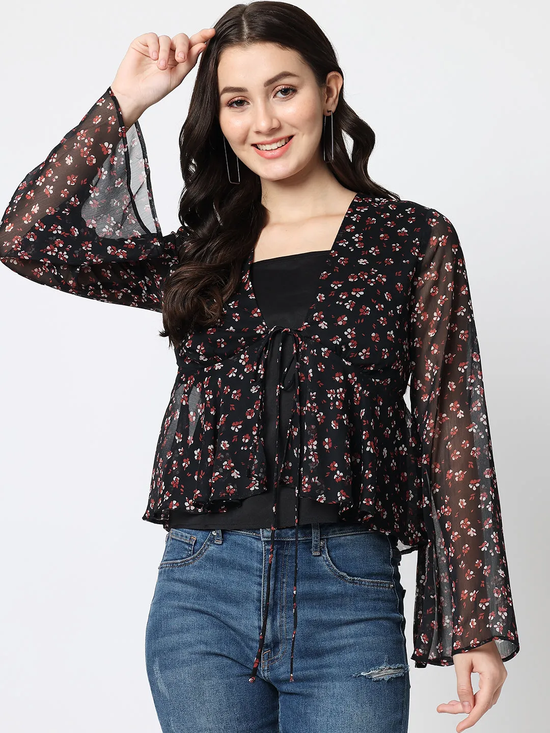 Women Floral Printed Black Top