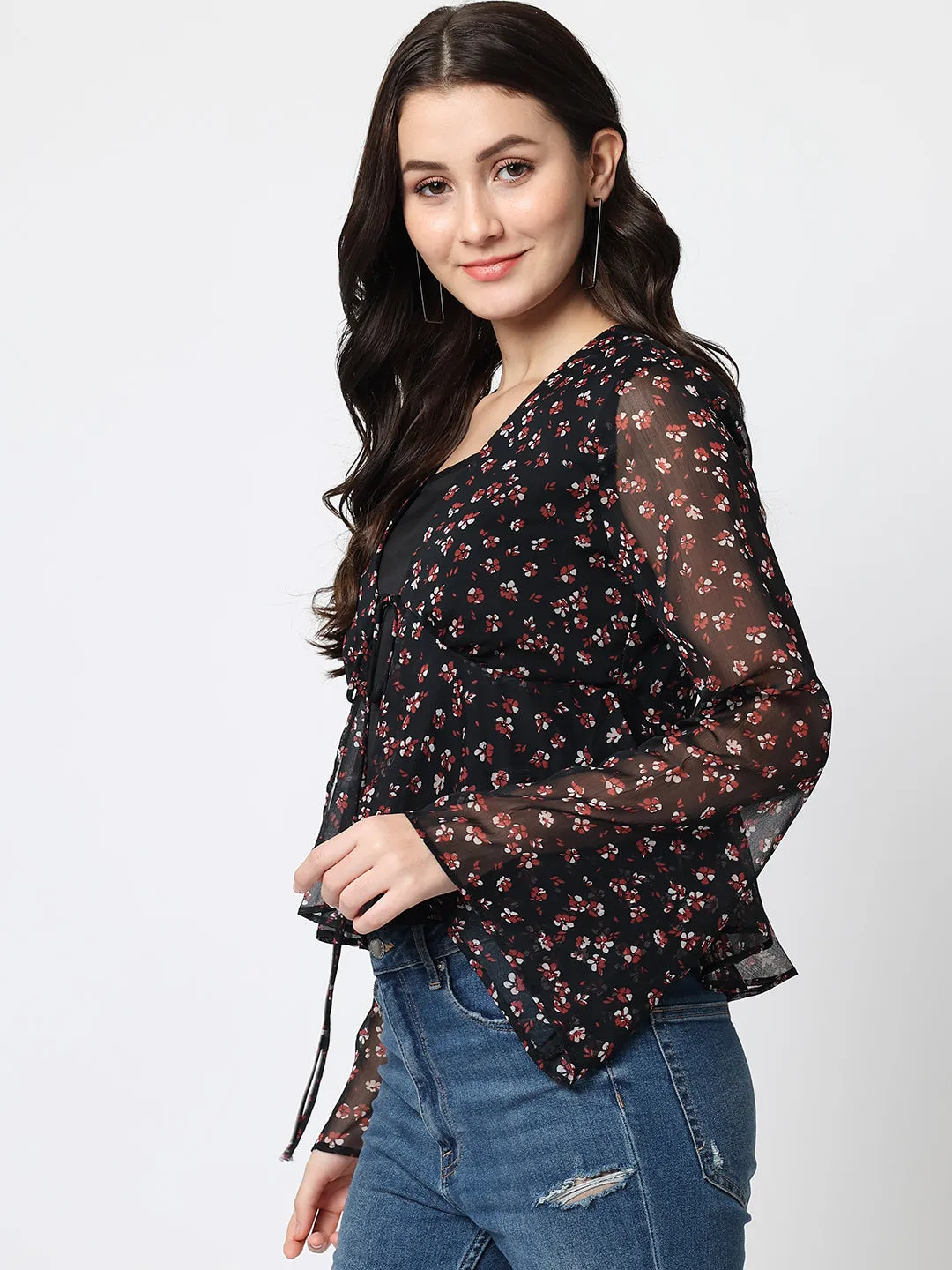 Women Floral Printed Black Top