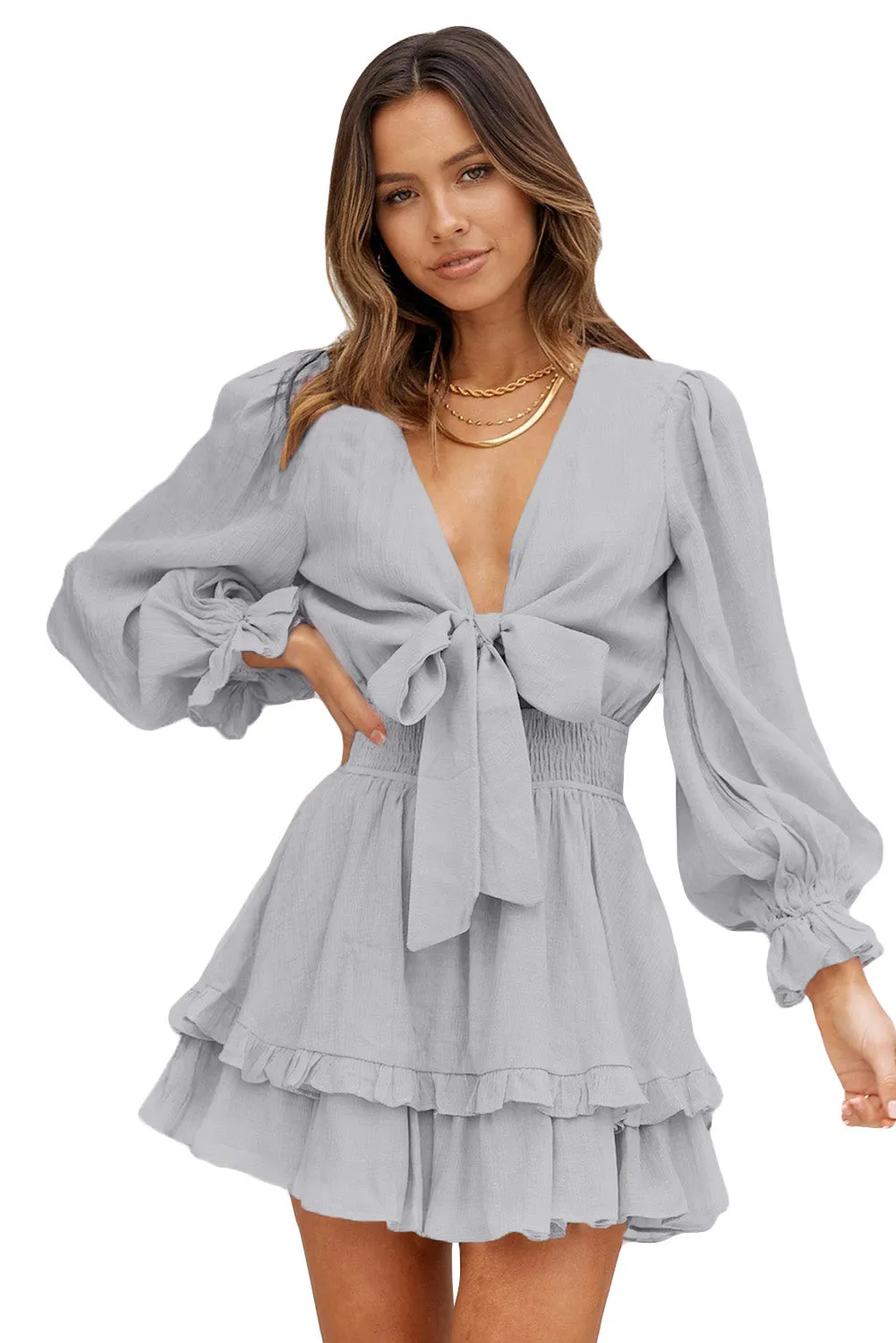 Womens Sexy Deep V Neck Swing Dress Lantern Sleeve Knotted Ruffle Tiered Mini Dress