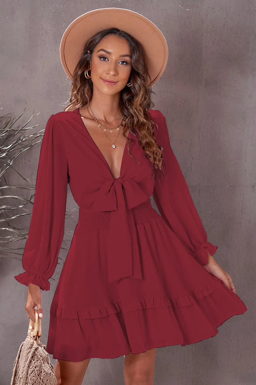 Womens Sexy Deep V Neck Swing Dress Lantern Sleeve Knotted Ruffle Tiered Mini Dress