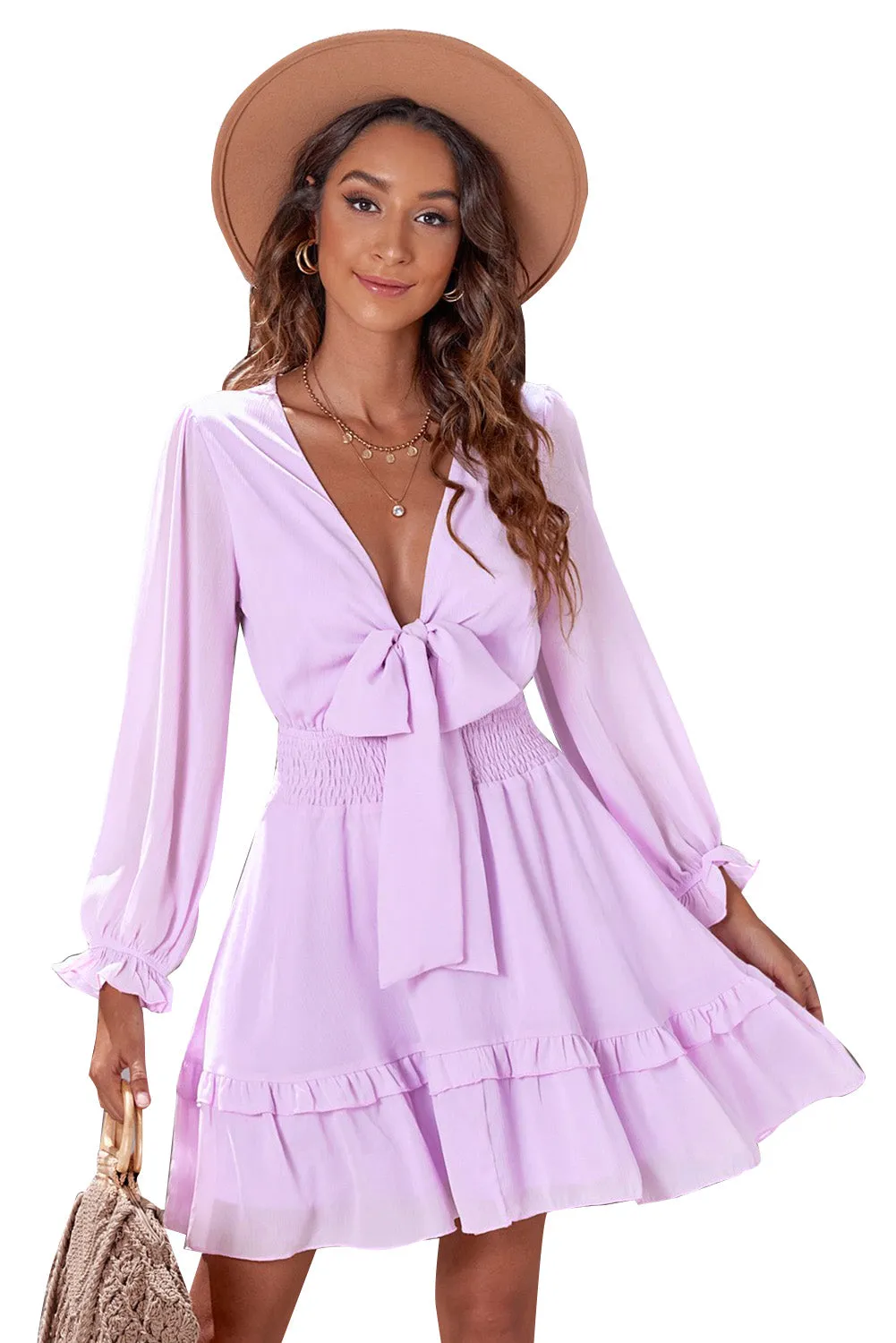 Womens Sexy Deep V Neck Swing Dress Lantern Sleeve Knotted Ruffle Tiered Mini Dress