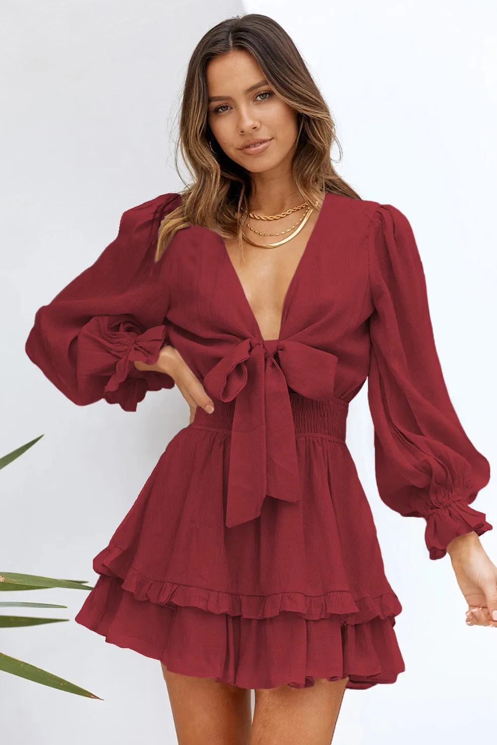 Womens Sexy Deep V Neck Swing Dress Lantern Sleeve Knotted Ruffle Tiered Mini Dress