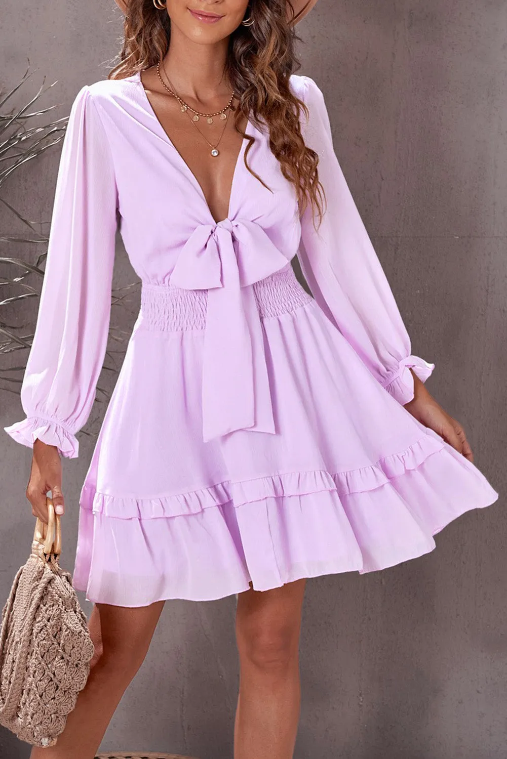 Womens Sexy Deep V Neck Swing Dress Lantern Sleeve Knotted Ruffle Tiered Mini Dress