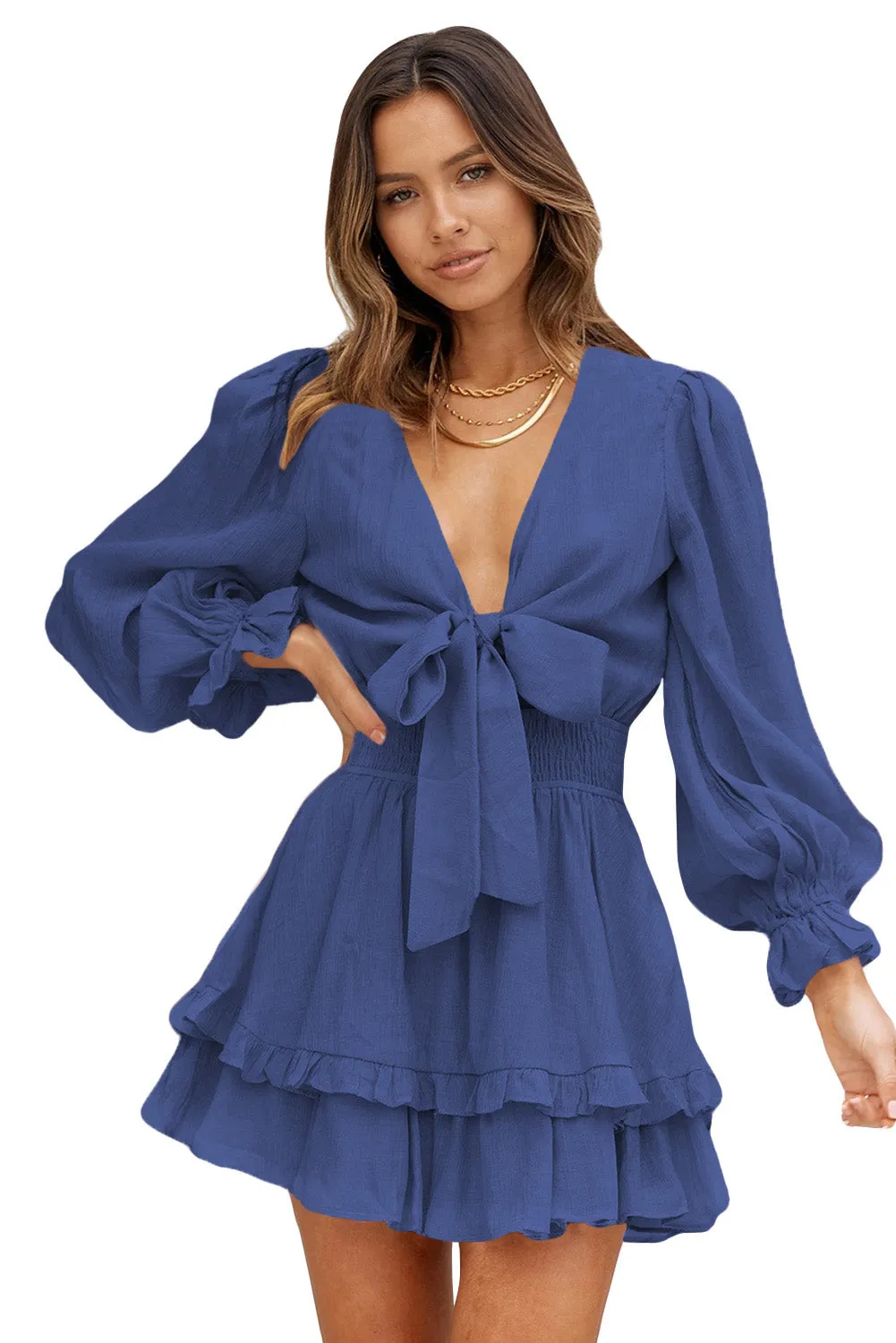 Womens Sexy Deep V Neck Swing Dress Lantern Sleeve Knotted Ruffle Tiered Mini Dress