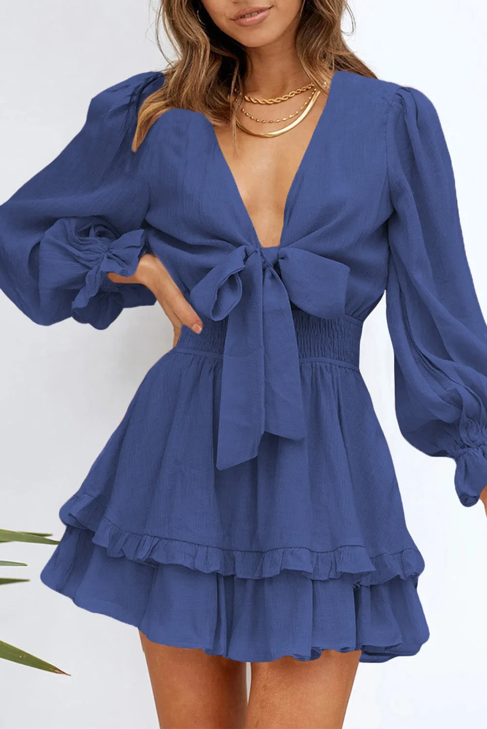 Womens Sexy Deep V Neck Swing Dress Lantern Sleeve Knotted Ruffle Tiered Mini Dress