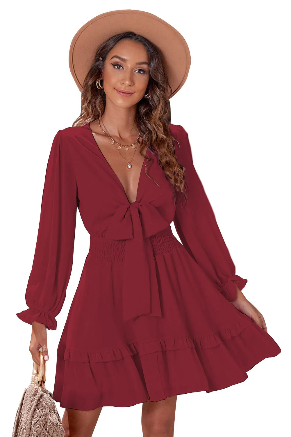 Womens Sexy Deep V Neck Swing Dress Lantern Sleeve Knotted Ruffle Tiered Mini Dress