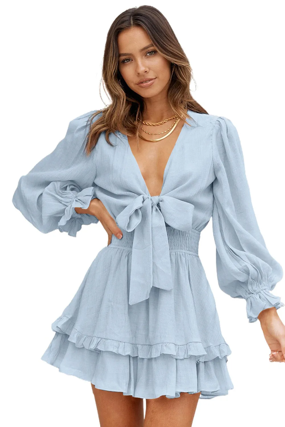 Womens Sexy Deep V Neck Swing Dress Lantern Sleeve Knotted Ruffle Tiered Mini Dress