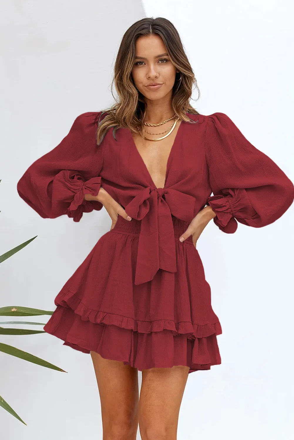 Womens Sexy Deep V Neck Swing Dress Lantern Sleeve Knotted Ruffle Tiered Mini Dress