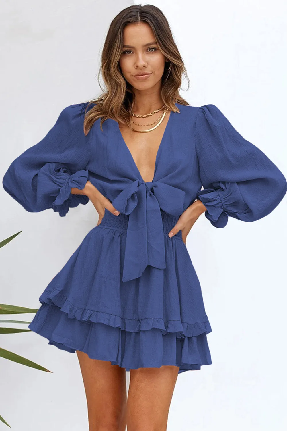 Womens Sexy Deep V Neck Swing Dress Lantern Sleeve Knotted Ruffle Tiered Mini Dress