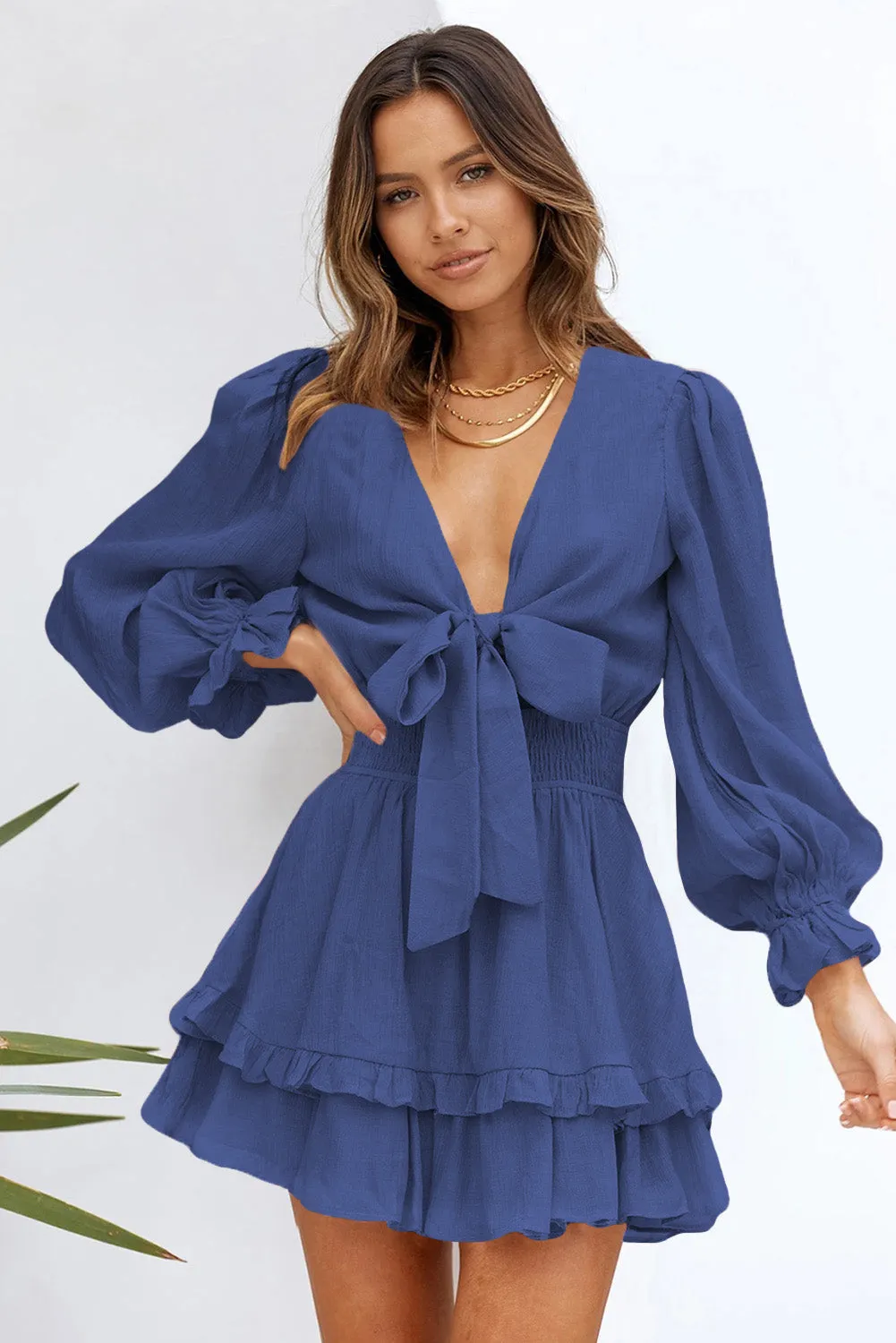 Womens Sexy Deep V Neck Swing Dress Lantern Sleeve Knotted Ruffle Tiered Mini Dress