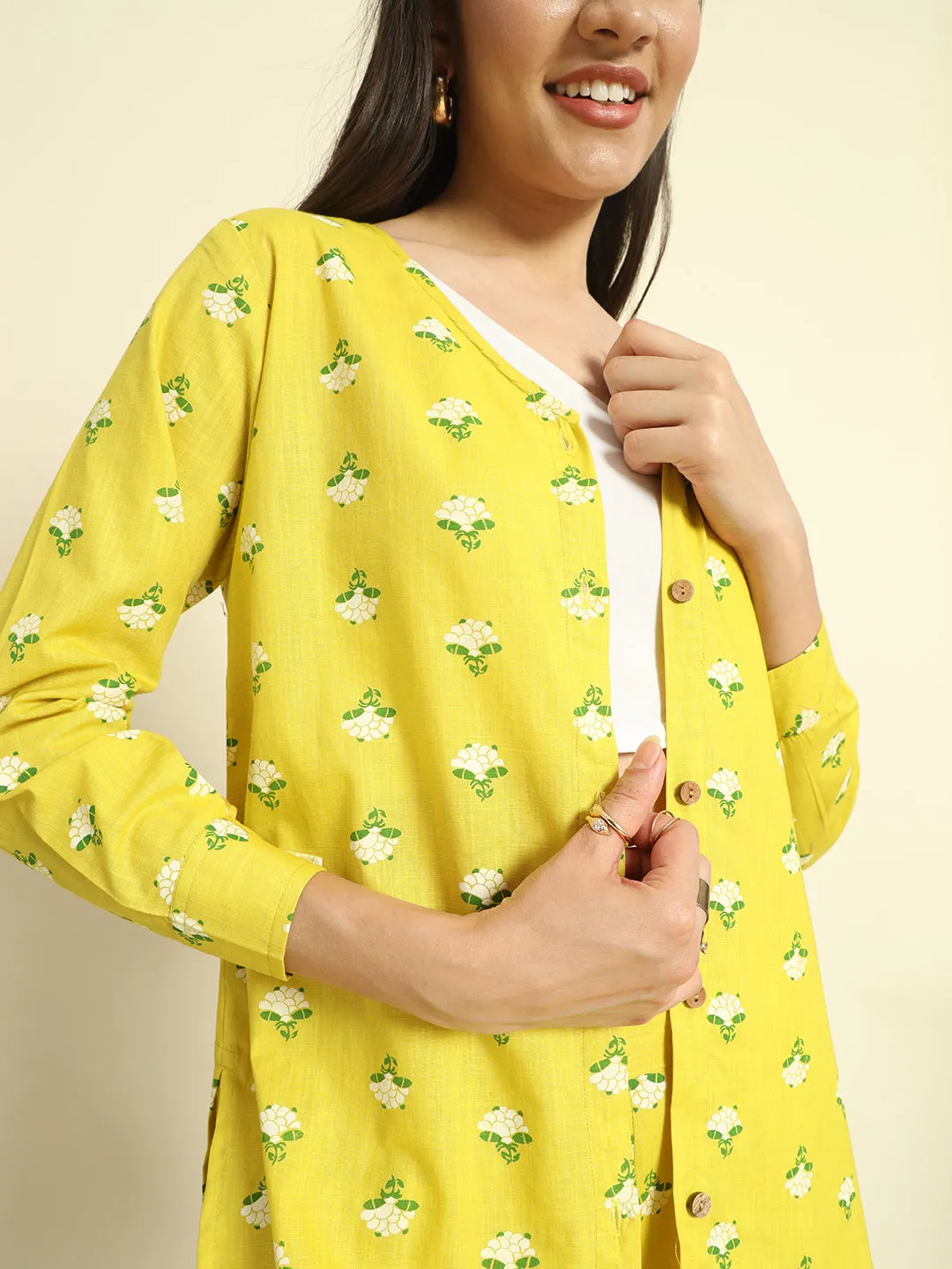 Yellow Floral Print V Neck Co-ords